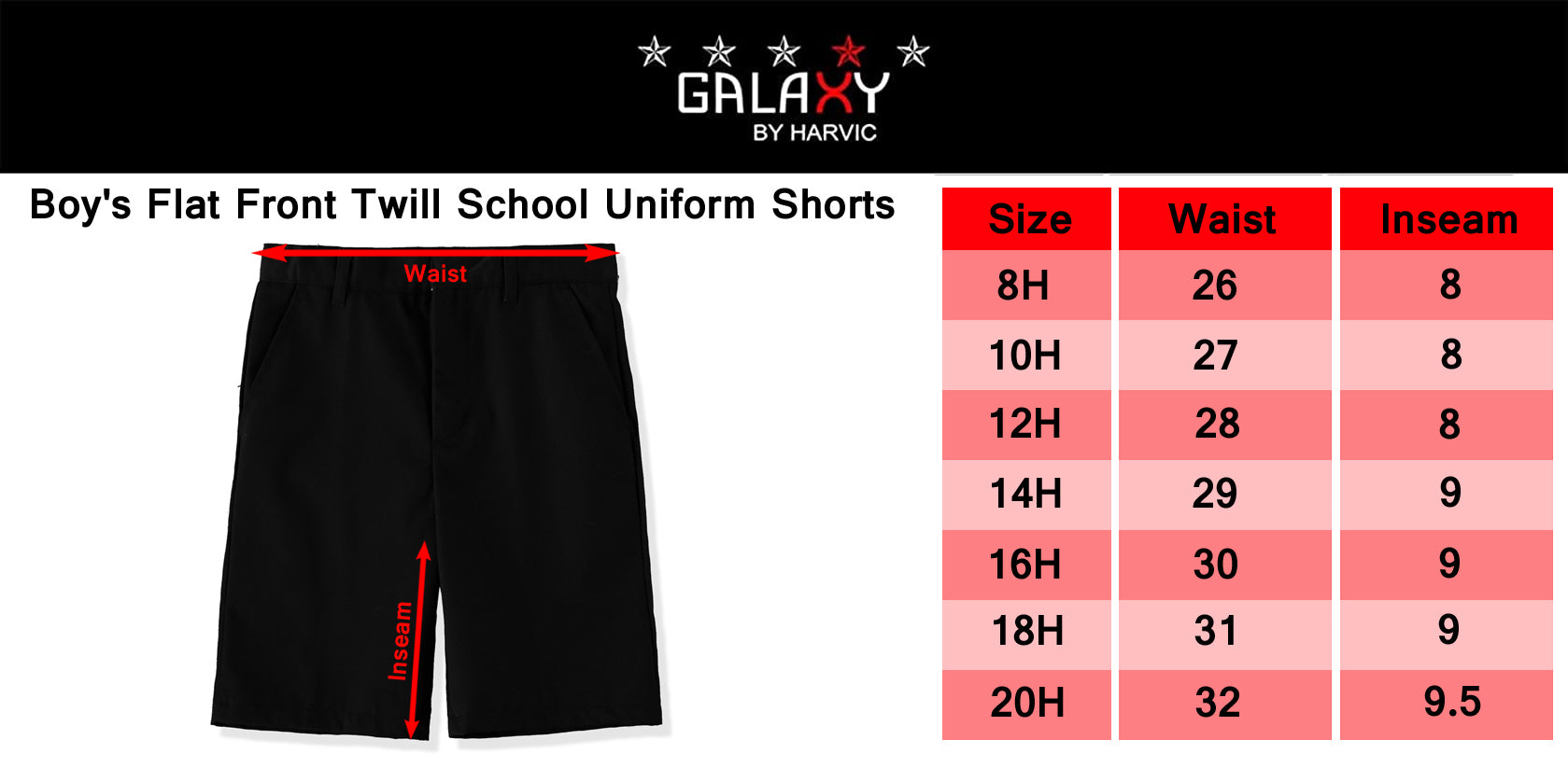 Galaxy Boys Husky 8-20 Flat Front Twill School Uniform Short