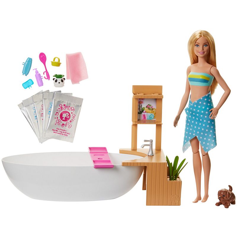 Mattel Barbie Fizzy Bath Doll & Playset, Blonde, with Tub, Puppy & More