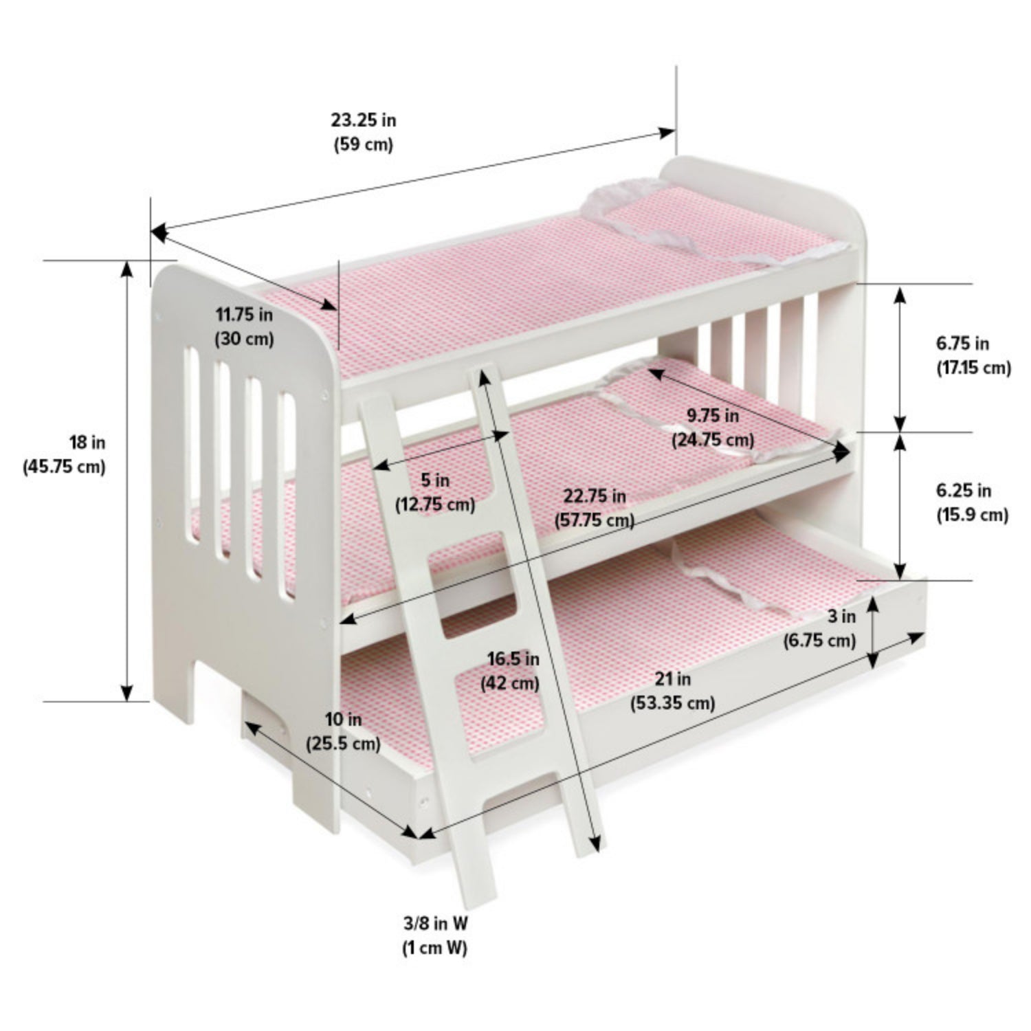 Badger Basket Trundle Doll Bunk Bed with Ladder and Free Personalization Kit – White/Pink