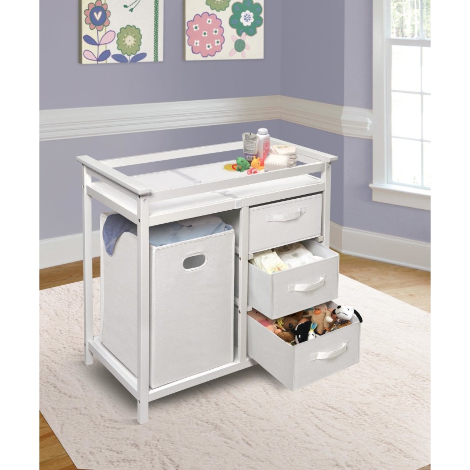 Badger Basket Modern Baby Changing Table with Hamper and 3 Baskets – White