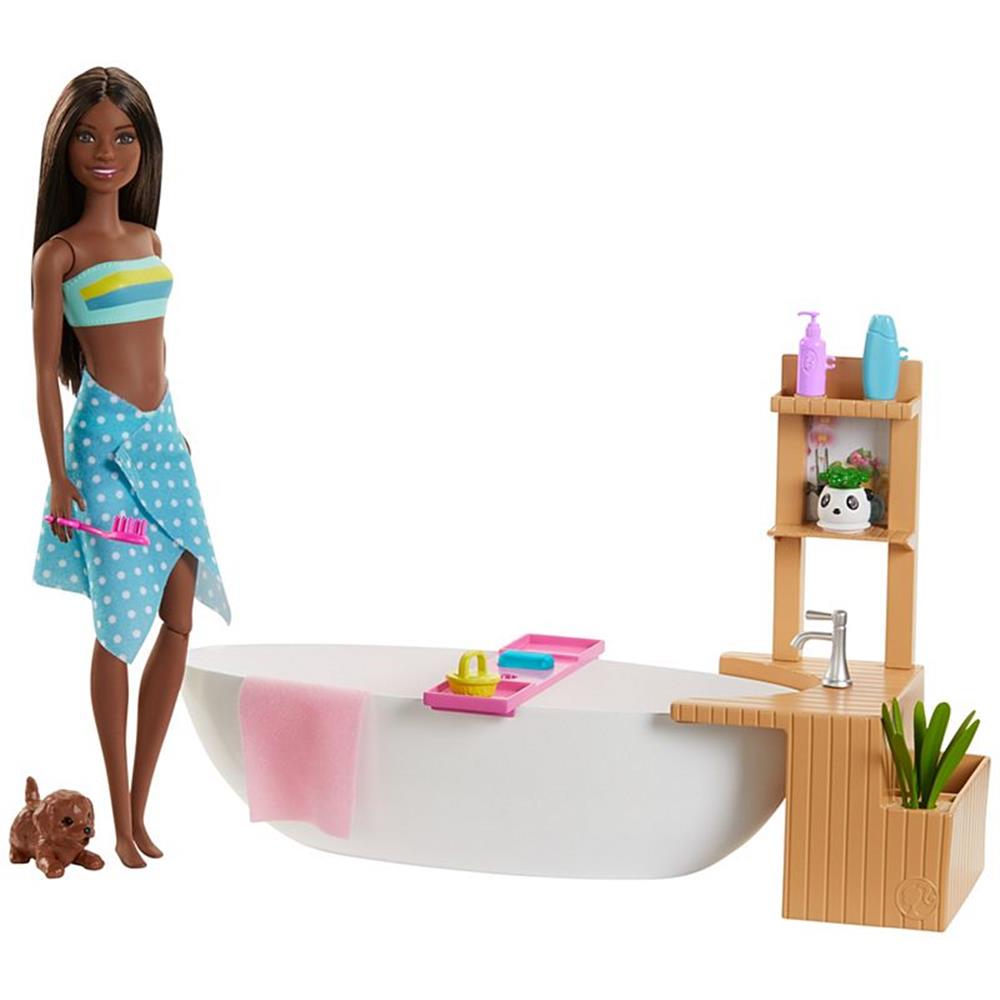 Mattel Barbie Fizzy Bath Doll and Playset, Brunette, with Tub, Puppy & More