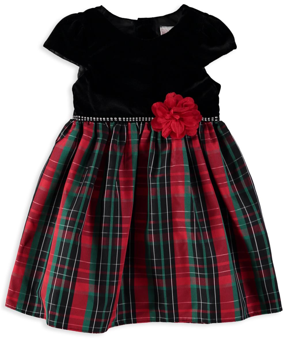 Youngland Girls 2T-4T Velvet Flower Plaid Dress