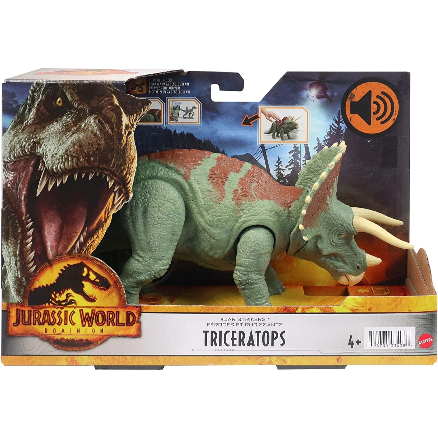 Mattel Jurassic World Dominion Roar Strikers Triceratops Dinosaur Action Figure with Roaring Sound a