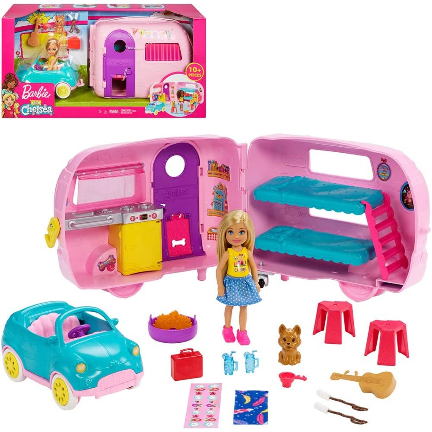 Mattel Barbie Club Chelsea Mattel Barbie Club Chelsea Toy Car & Camper Playset, Blonde Chelsea Small Doll, Puppy & 10+ Accessories, Unhitch & Open for Campsite