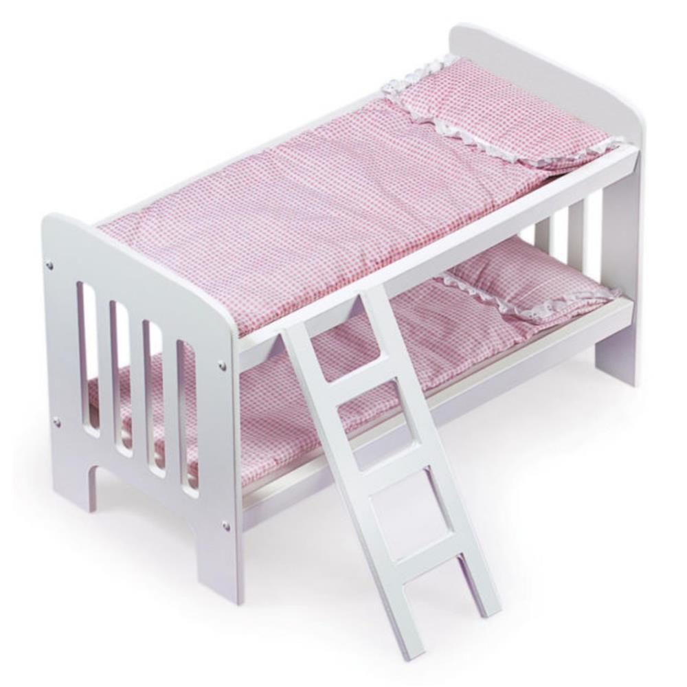 Badger Basket Doll Bunk Bed with Bedding, Ladder, and Free Personalization Kit – White/Pink/Gingham