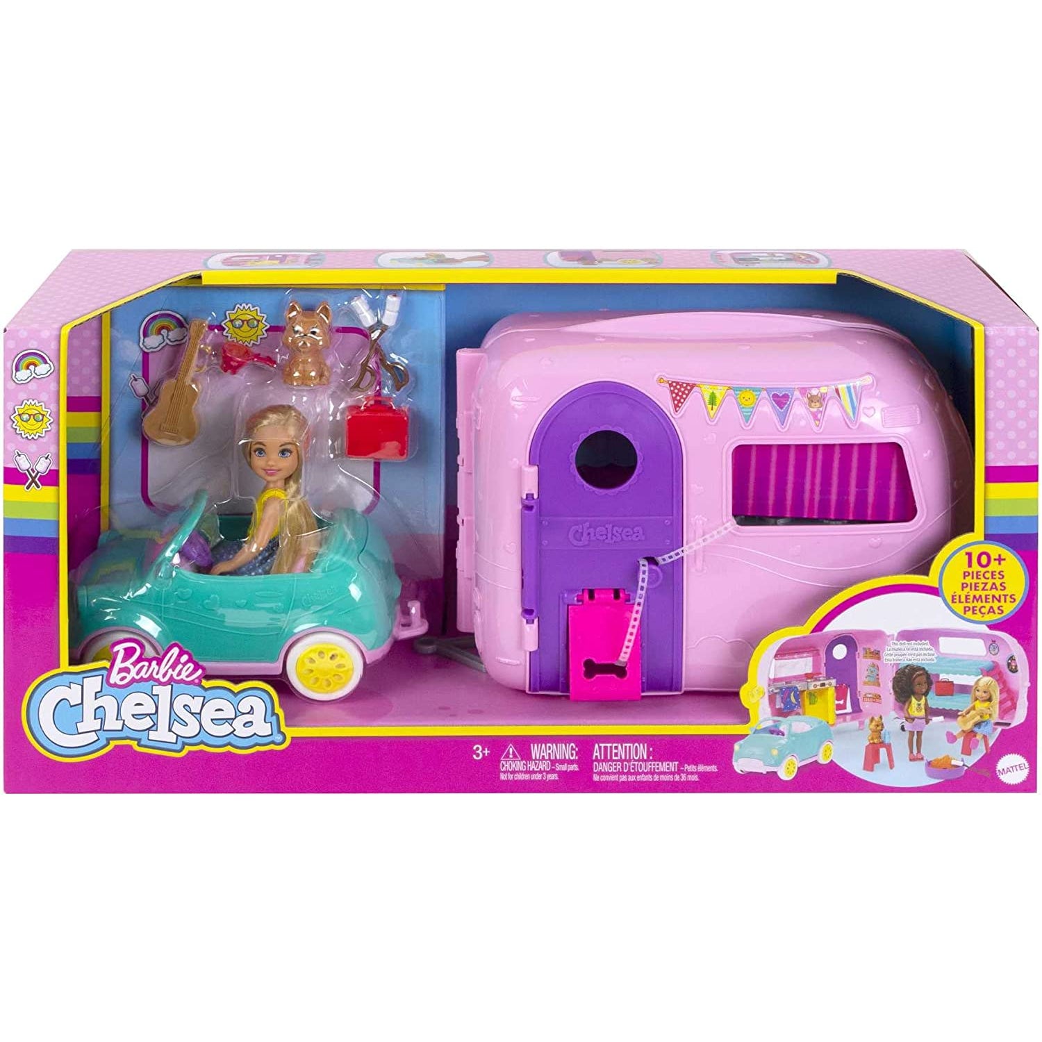 Mattel Barbie Club Chelsea Mattel Barbie Club Chelsea Toy Car & Camper Playset, Blonde Chelsea Small Doll, Puppy & 10+ Accessories, Unhitch & Open for Campsite