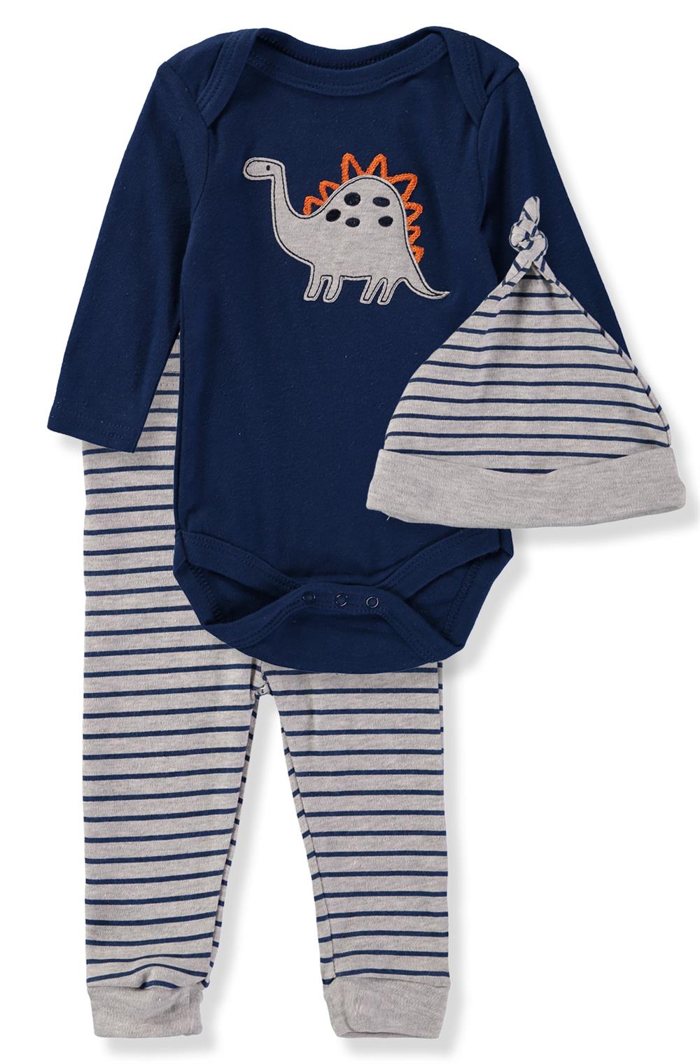 Bon Bebe Baby Boys 0-9 Months Dinosaur Bodysuit Pant Set with Hat