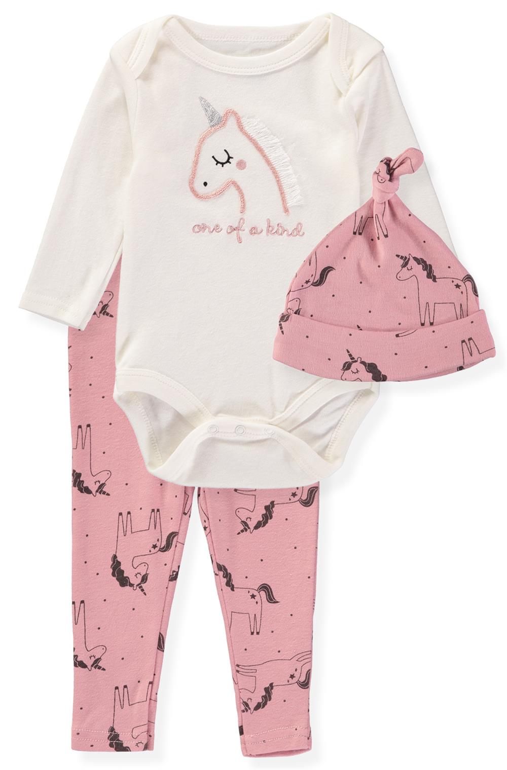 Bon Bebe Baby Girls 0-9 Months Unicorn Bodysuit Pant Set with Hat