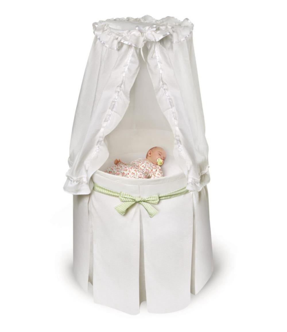 Badger Basket Empress Round Baby Bassinet with Canopy – White Bedding with Gingham Belts