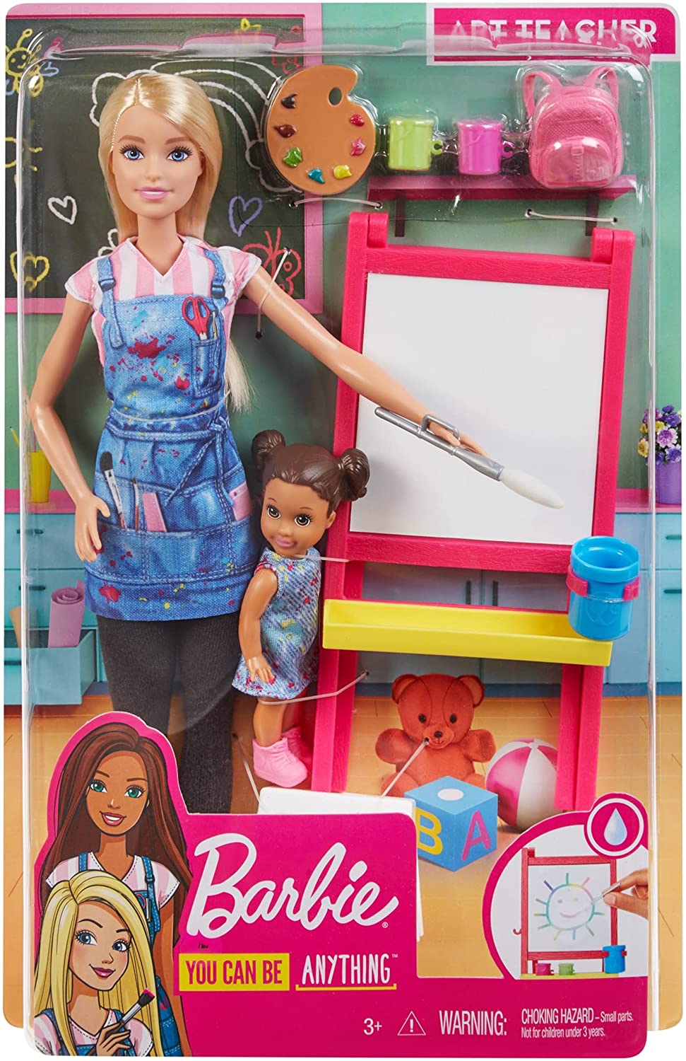 Mattel Barbie Art Teacher Playset with Blonde Doll, Toddler Doll, Easel and Accessories