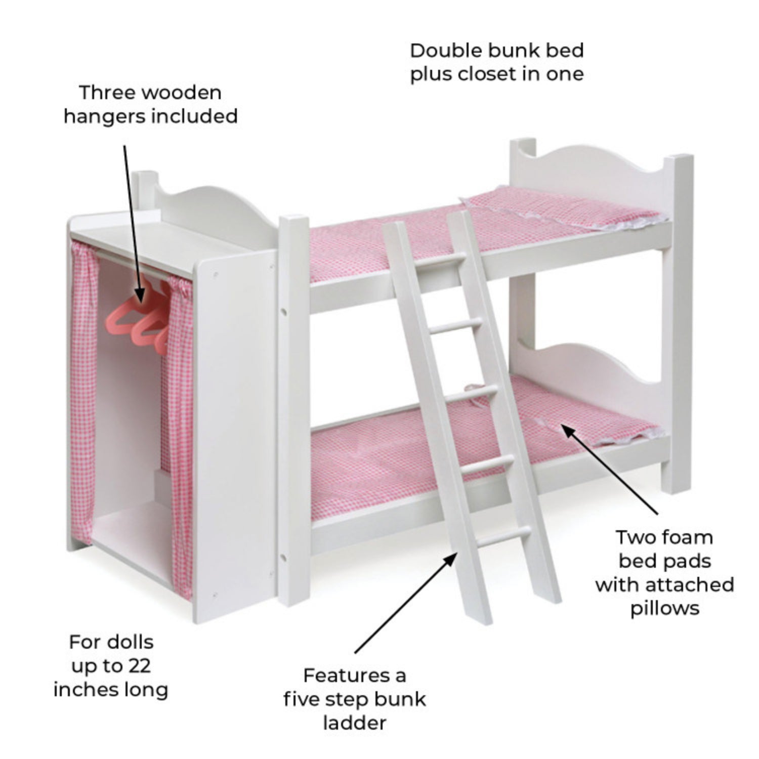 Badger Basket Doll Armoire Bunk Bed with Ladder – White/Pink