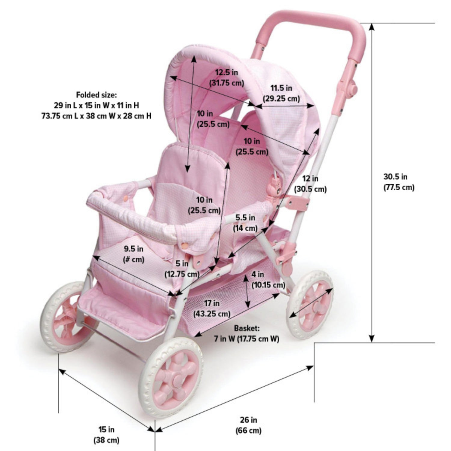 Badger Basket Folding Double Front-to-Back Doll Stroller – Pink/Gingham