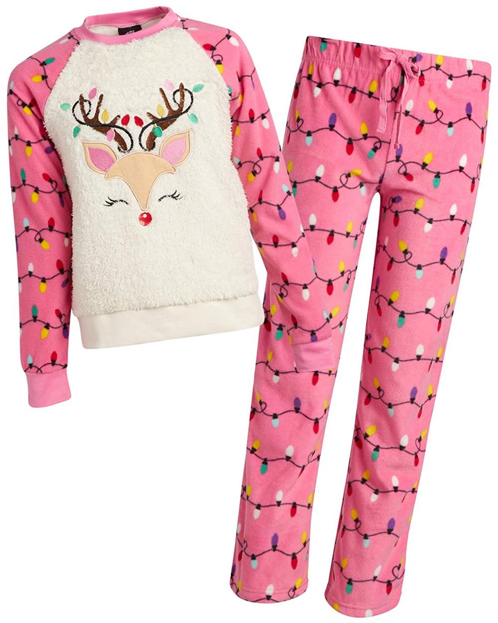 PJs & Presents Girls 7-16 Reindeer Lights Sherpa Pajama Set