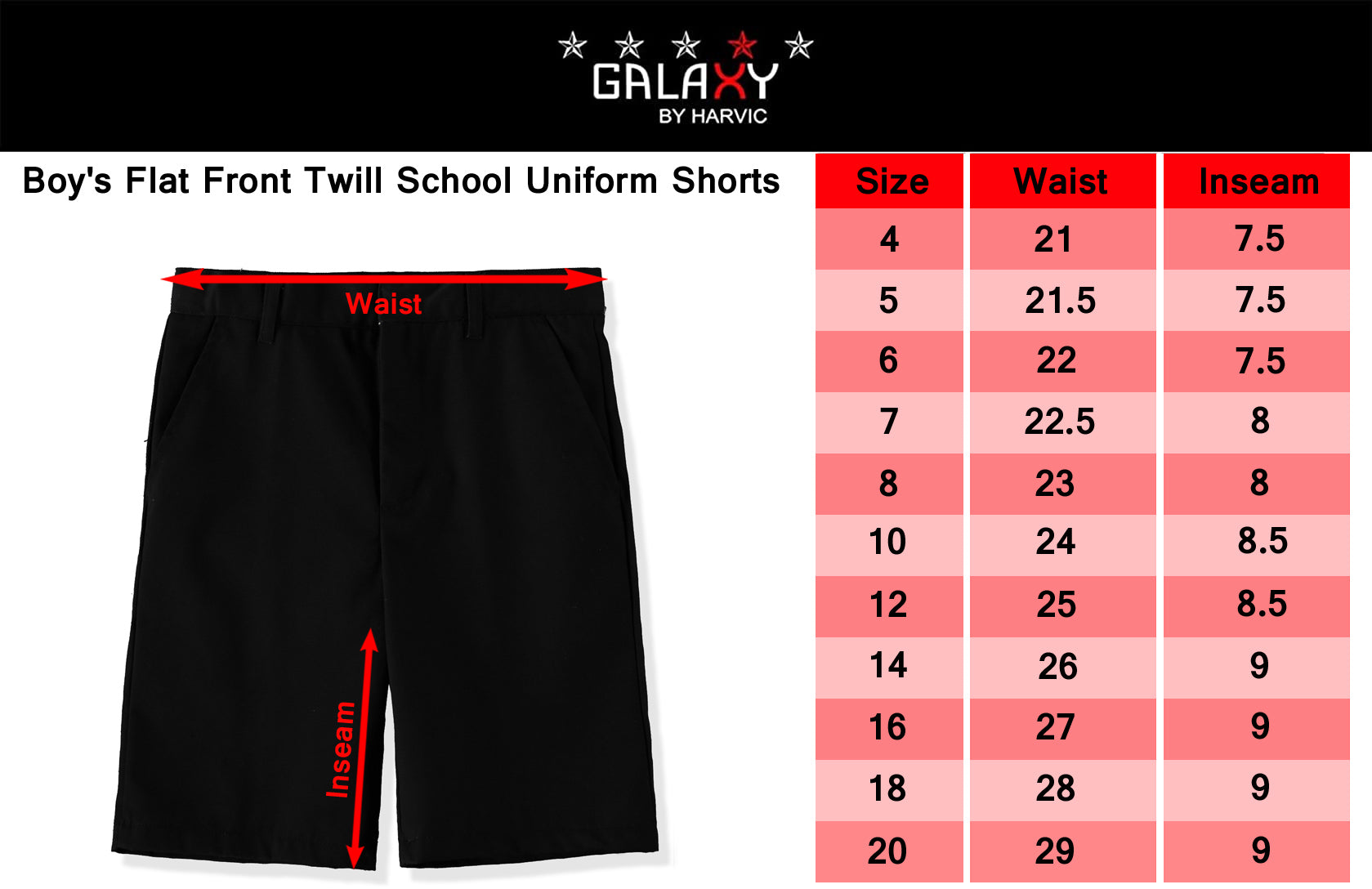 Galaxy Boys 8-20 Flat Front Twill School Uniform Short