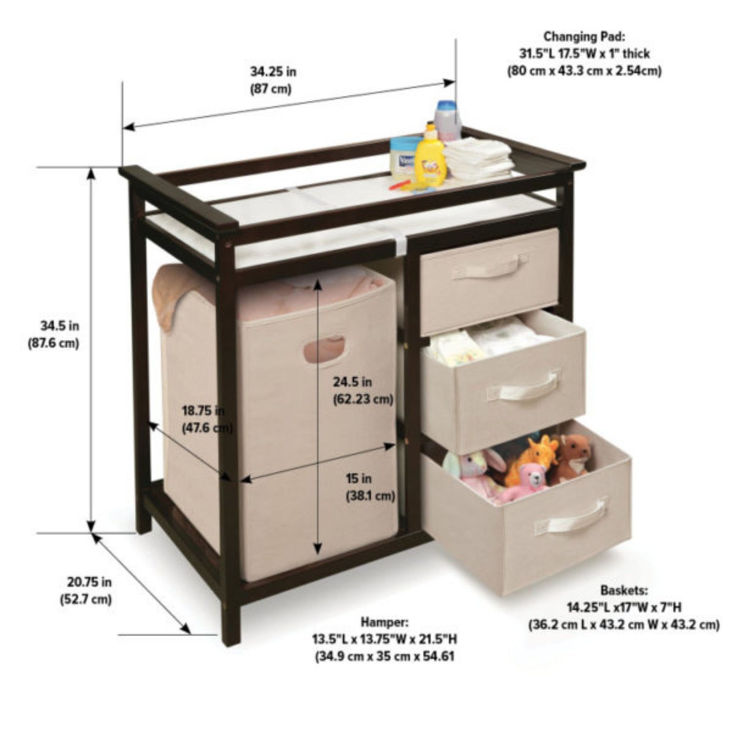 Badger Basket Modern Baby Changing Table with Hamper and 3 Baskets – Espresso