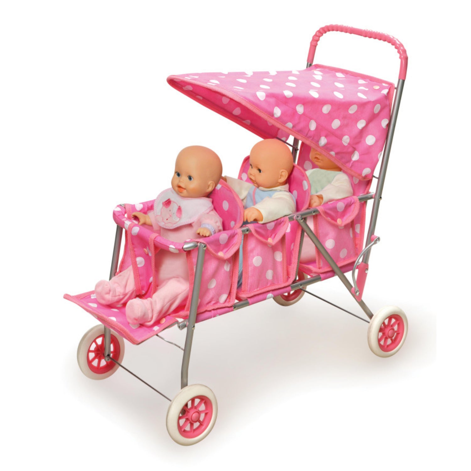 Badger Basket Folding Triple Doll Stroller – Pink/Polka Dots