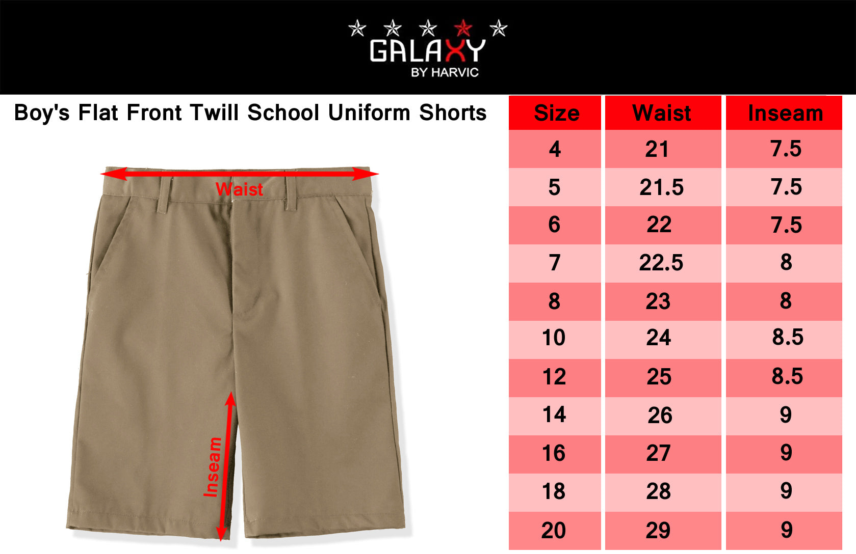 Galaxy Boys 4-7 Flat Front Twill School Uniform Short