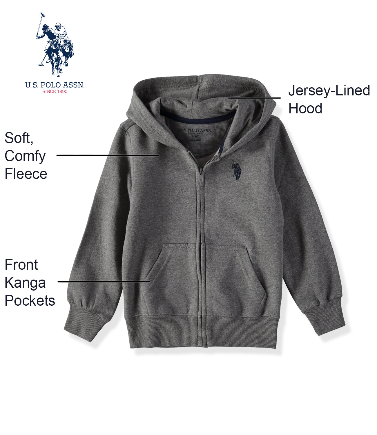 U.S. Polo Assn. Boys 4-20 Classic Fleece Zip Hoodie