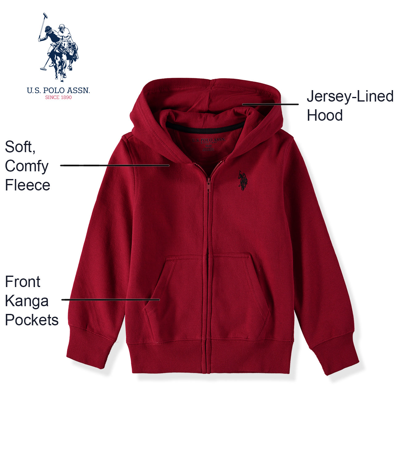 U.S. Polo Assn. Boys 4-20 Classic Fleece Zip Hoodie