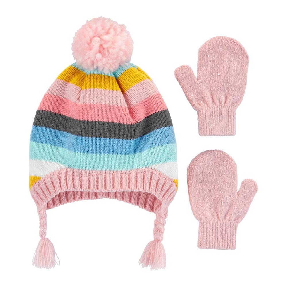 Carters Girls Pom Stripe Hat Mitten Set