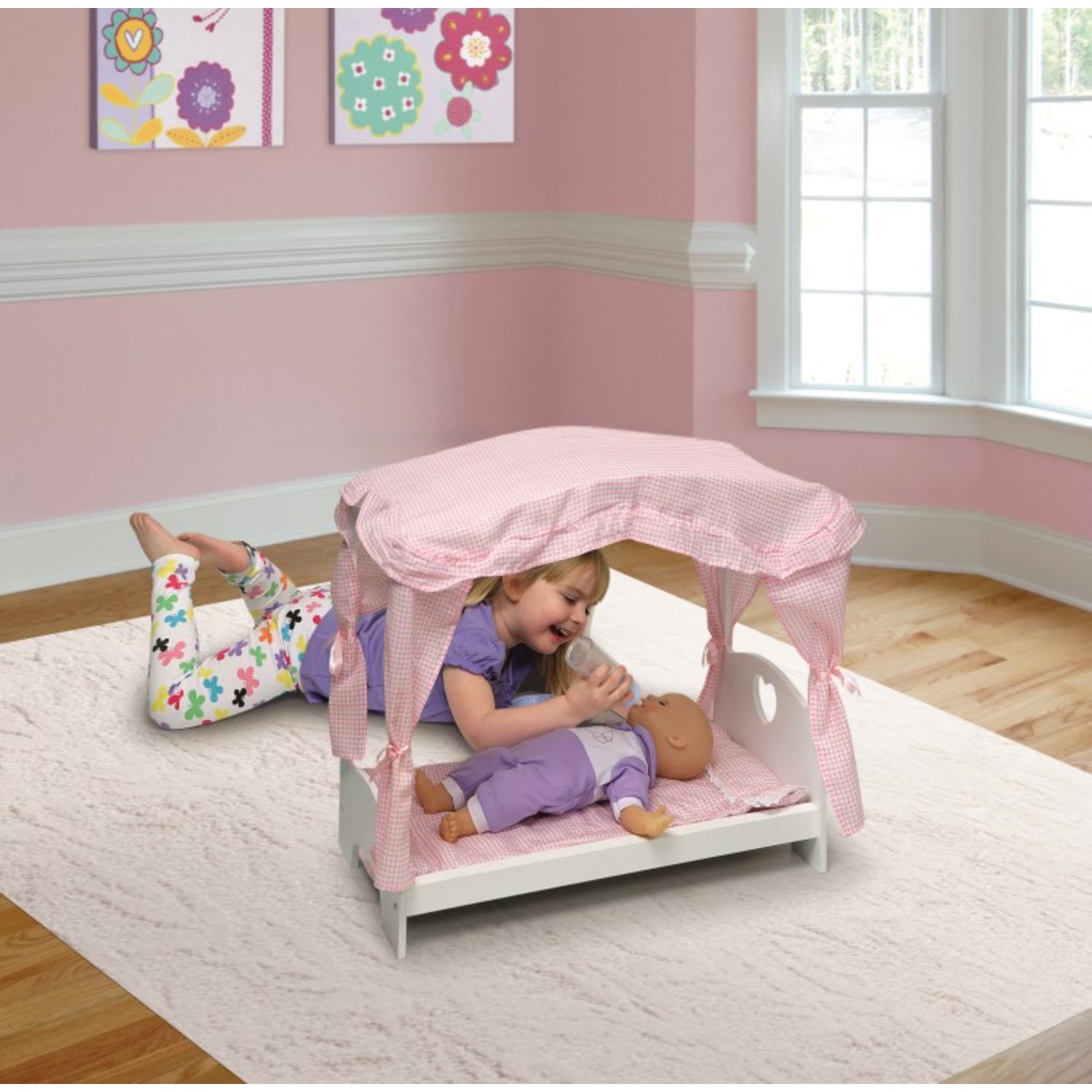 Badger Basket Canopy Doll Bed with Bedding – White/Pink