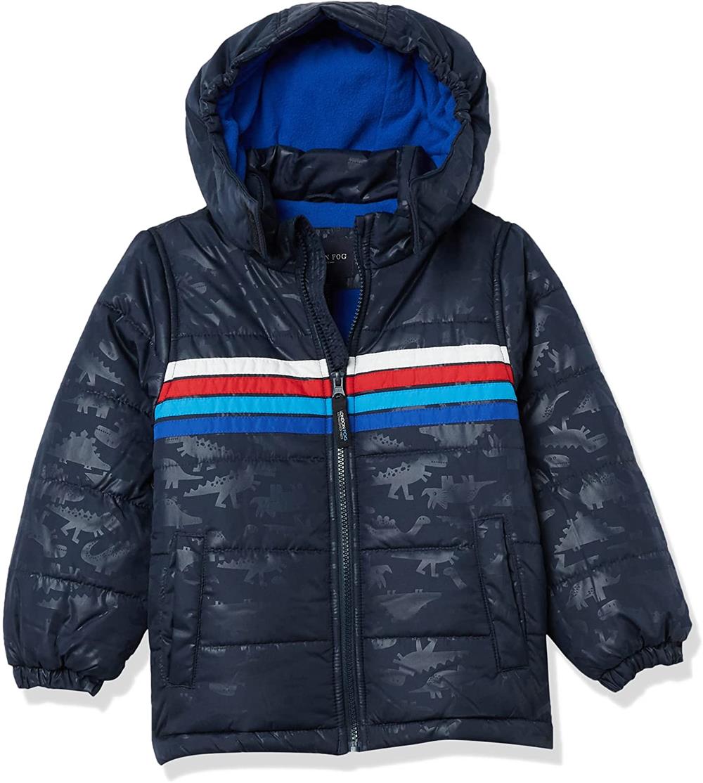 London Fog Boys Chest Striped Dino Embossed Puffer Jacket