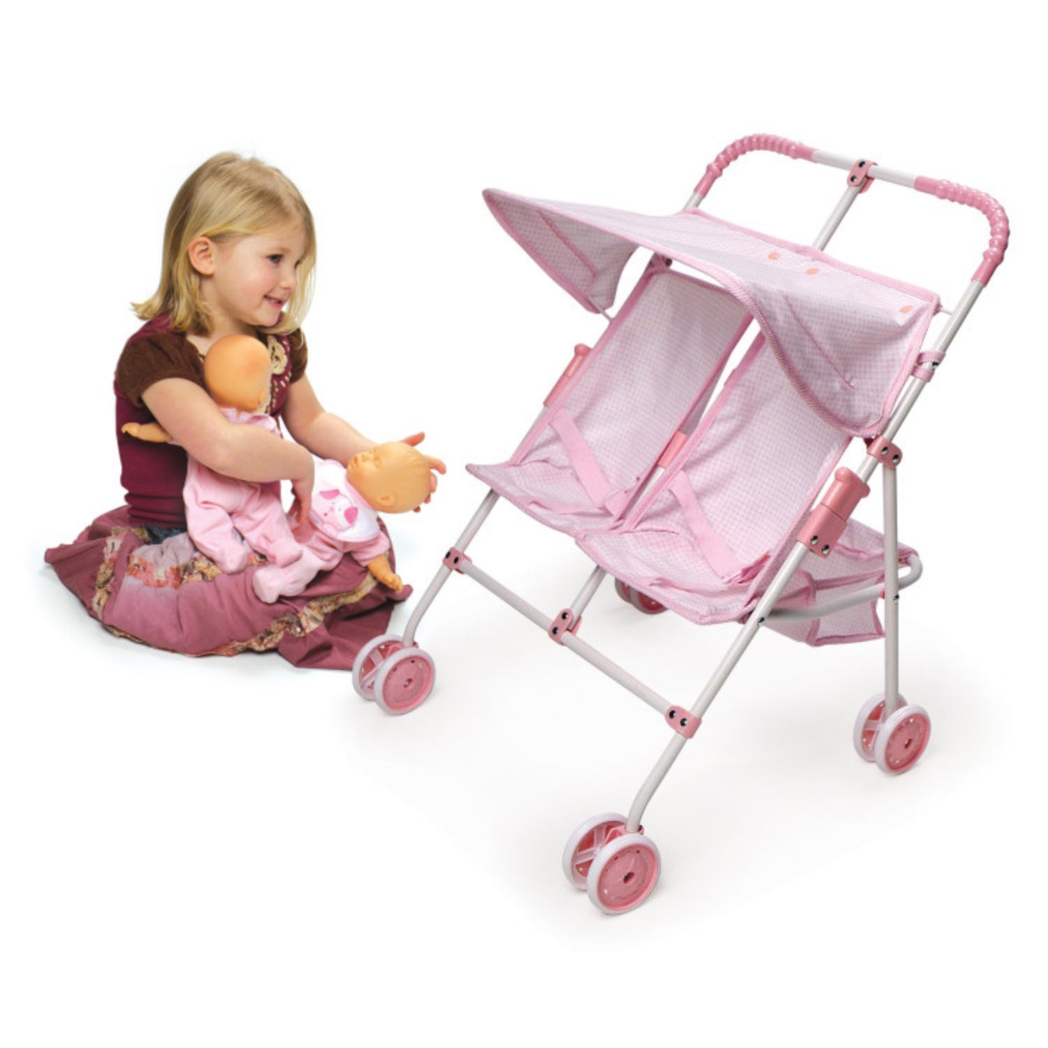 Badger Basket Folding Double Doll Umbrella Stroller – Pink/Gingham