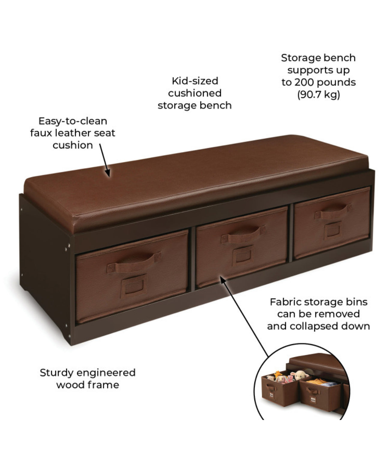 Badger Basket Kid’s Storage Bench with Cushion and Three Bins – Espresso