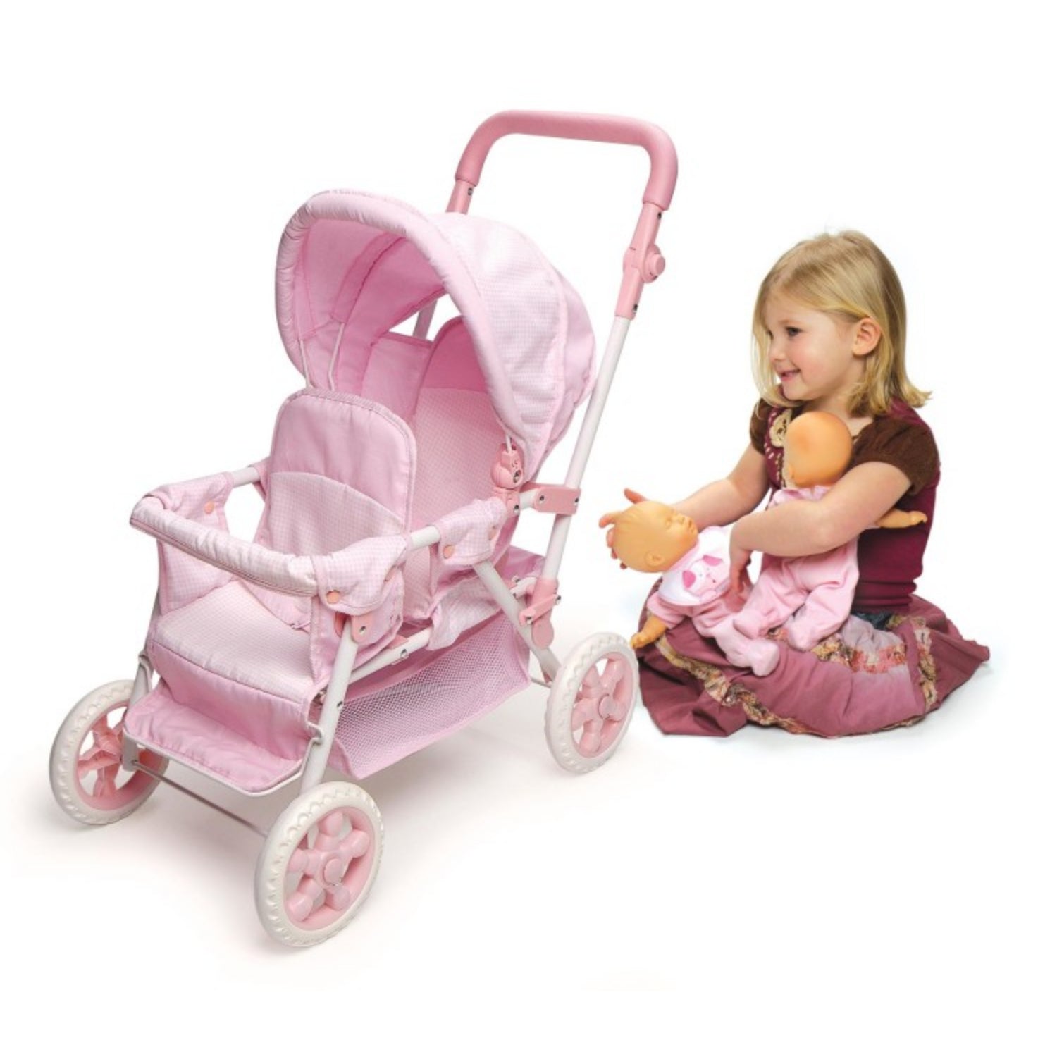 Badger Basket Folding Double Front-to-Back Doll Stroller – Pink/Gingham