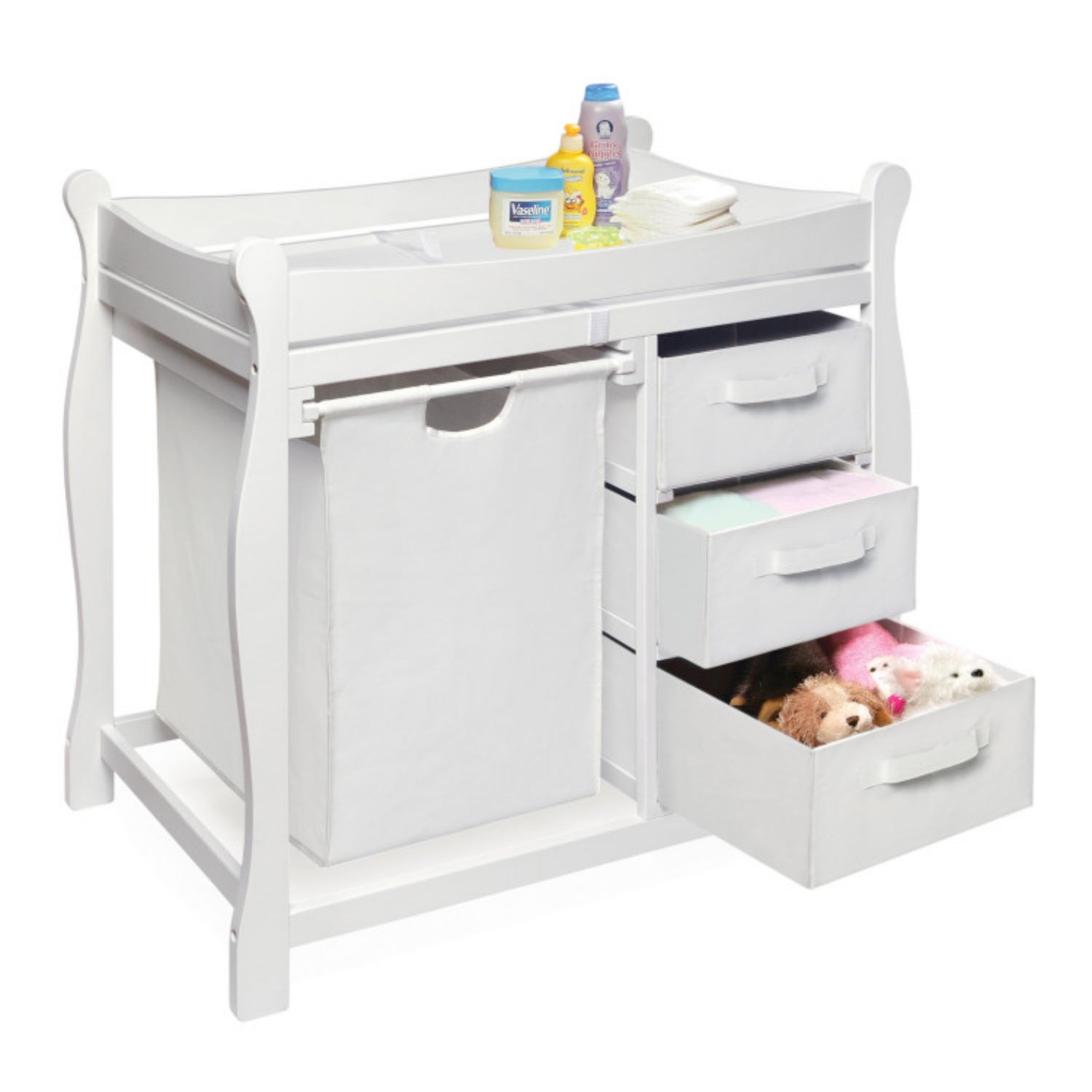 Badger Basket Sleigh Style Baby Changing Table with Hamper and 3 Baskets – White