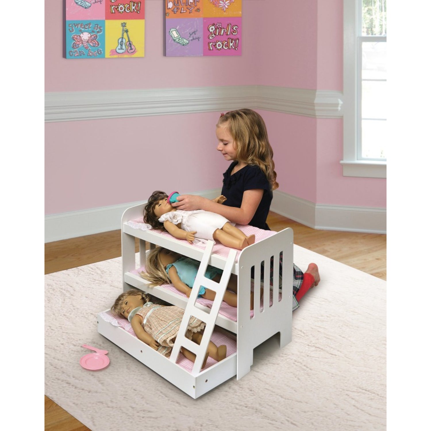 Badger Basket Trundle Doll Bunk Bed with Ladder and Free Personalization Kit – White/Pink