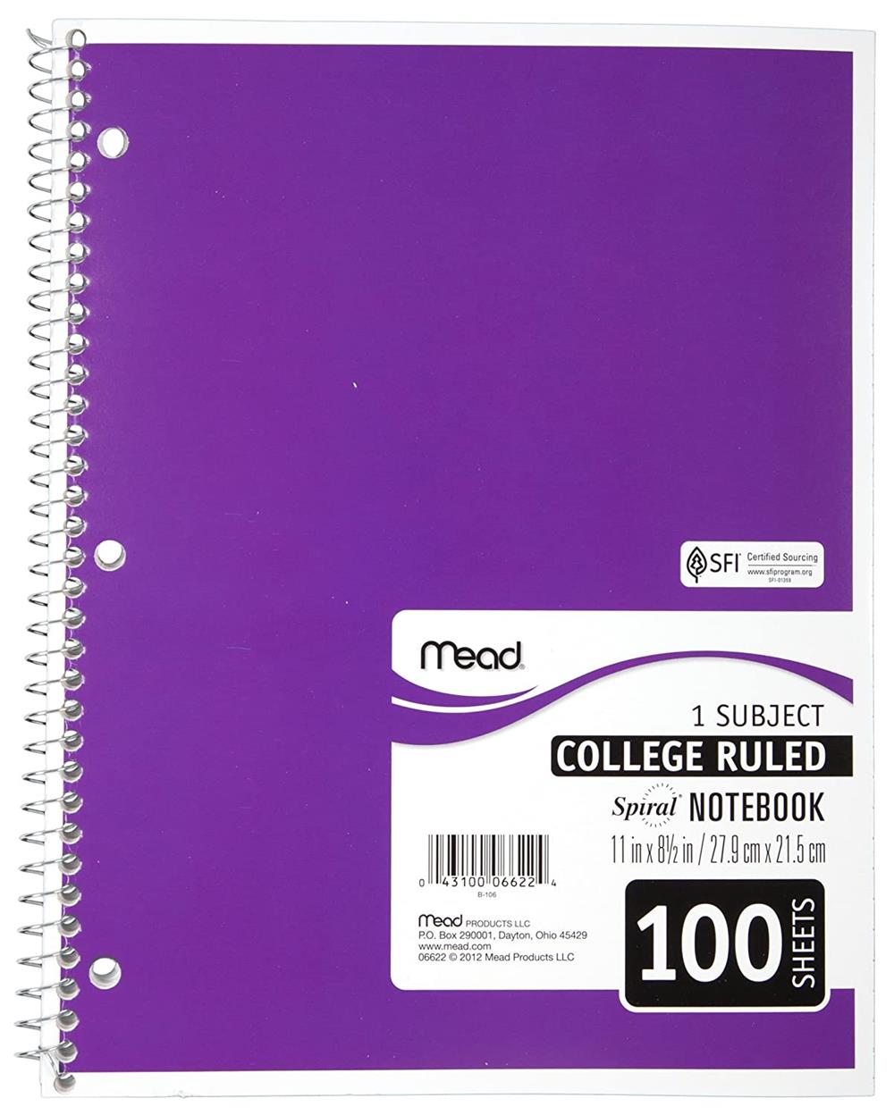 Mead 1 Subject College Ruled Spiral Notebook