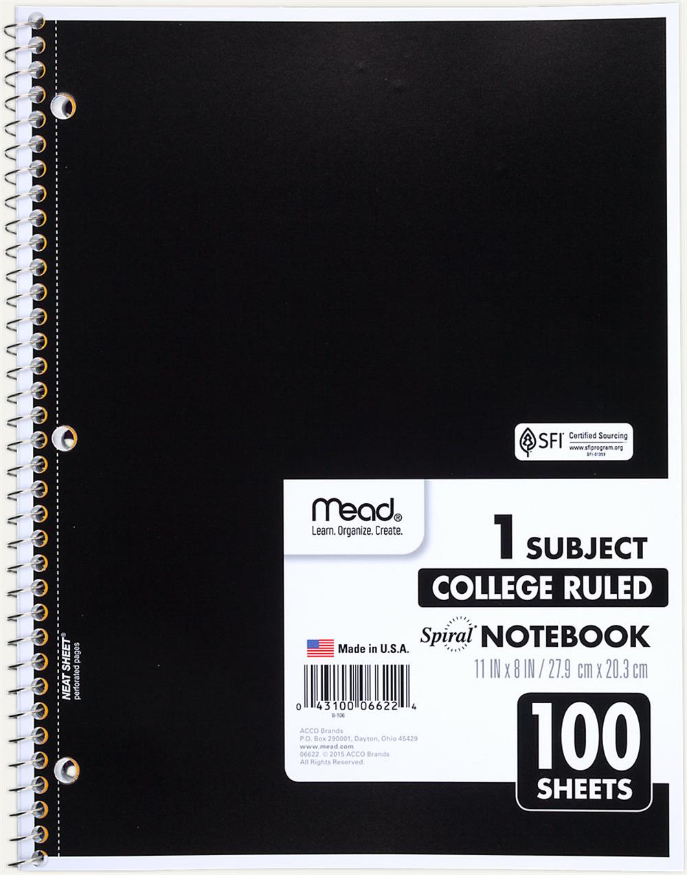 Mead 1 Subject College Ruled Spiral Notebook