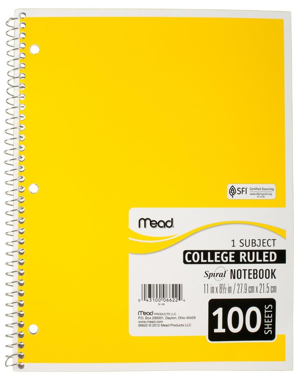 Mead 1 Subject College Ruled Spiral Notebook