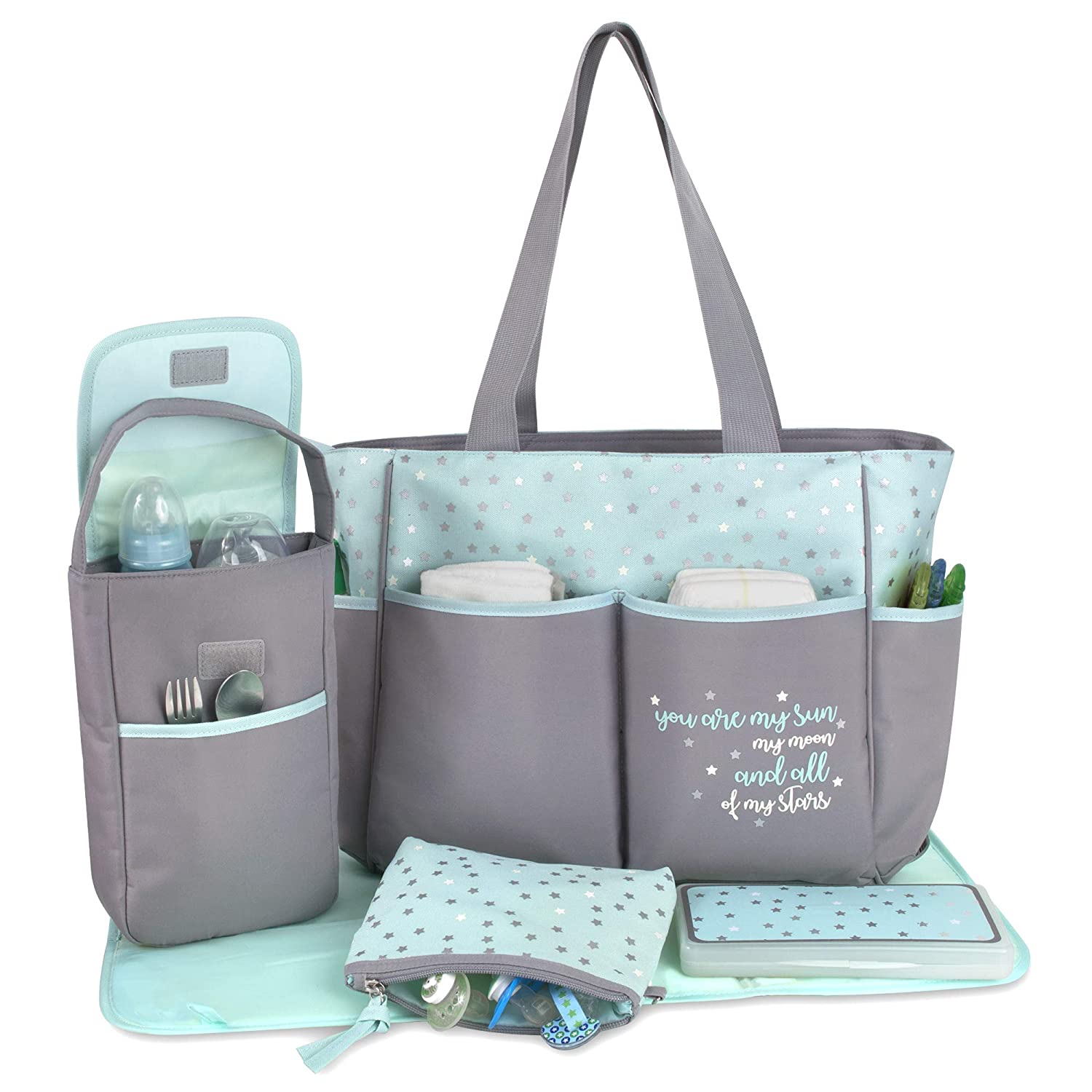 Baby Essentials 5 Piece Diaper Bag Tote Set, Stars, Grey / Aqua