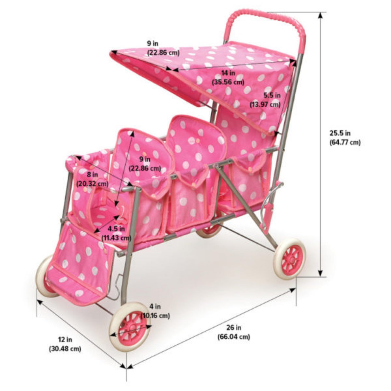 Badger Basket Folding Triple Doll Stroller – Pink/Polka Dots