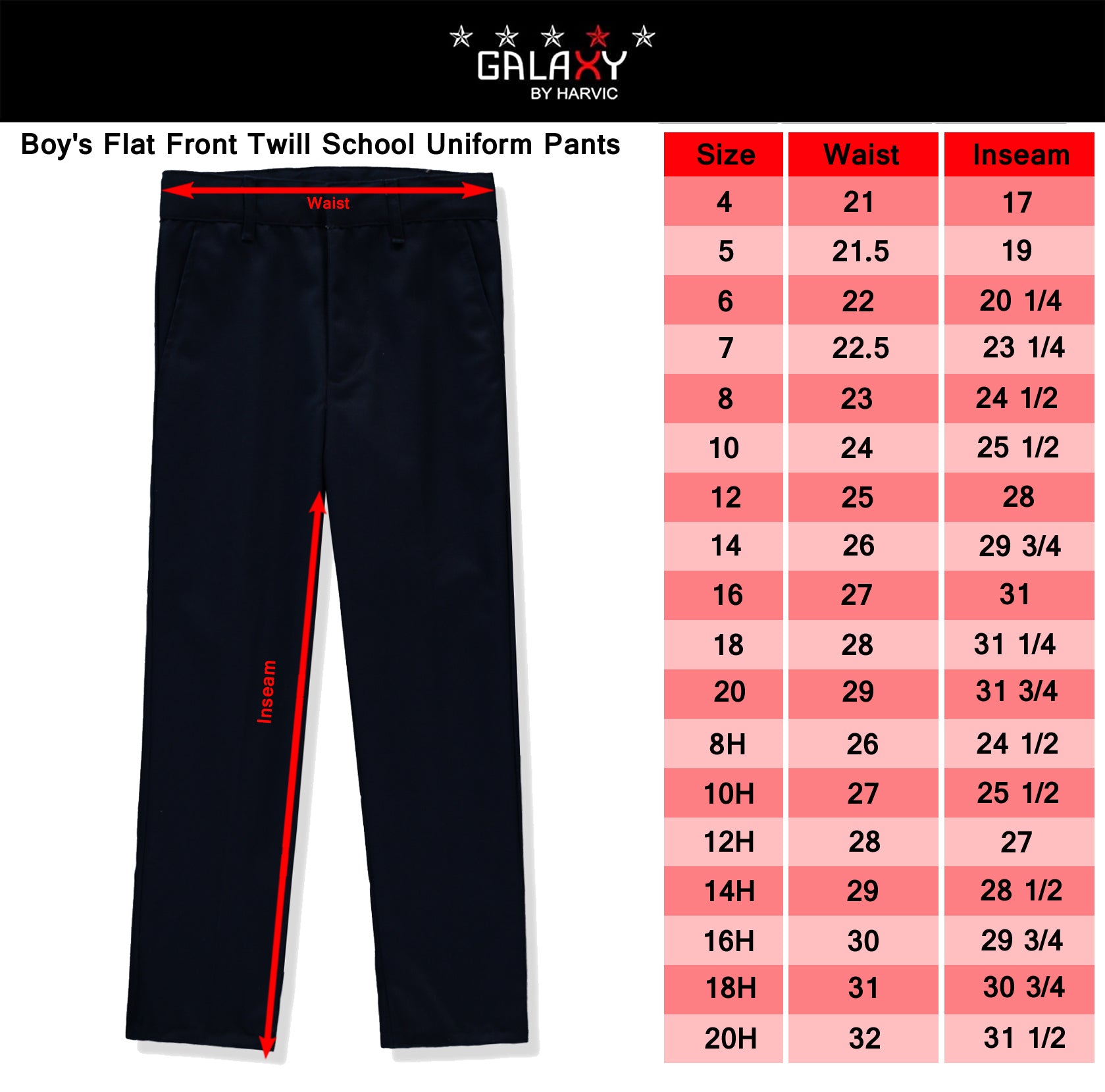 Galaxy Boys 8-20 Flat Front School Uniform Pants