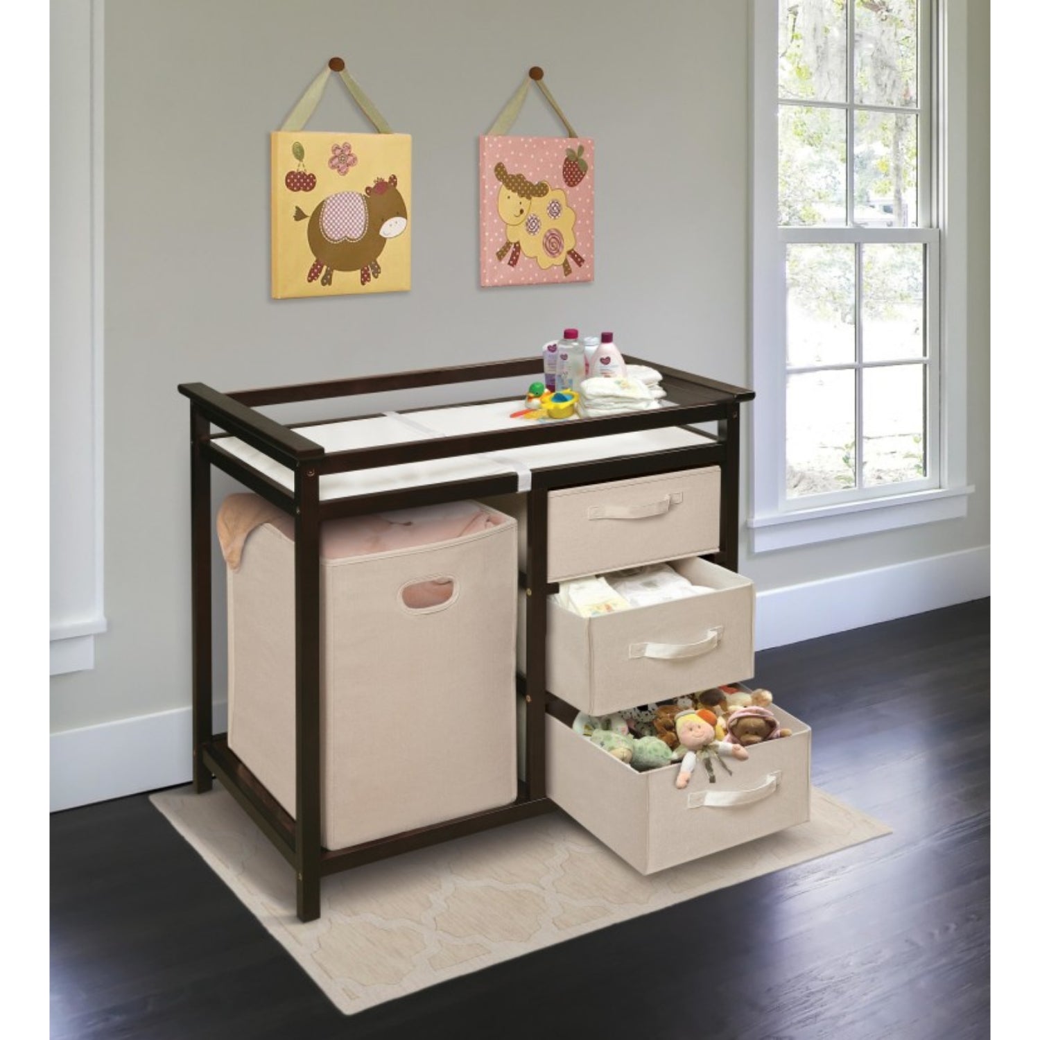 Badger Basket Modern Baby Changing Table with Hamper and 3 Baskets – Espresso