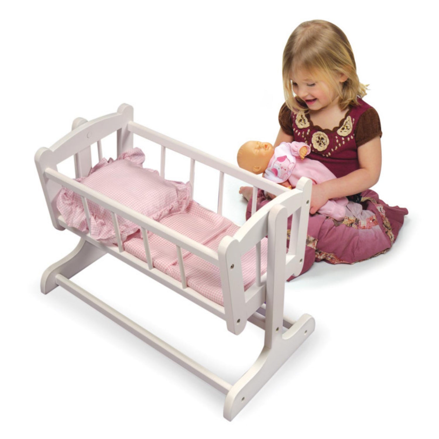 Badger Basket Heirloom Style Doll Cradle with Bedding – White/Pink