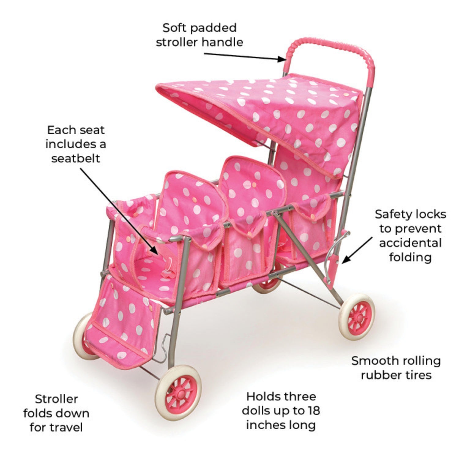 Badger Basket Folding Triple Doll Stroller – Pink/Polka Dots