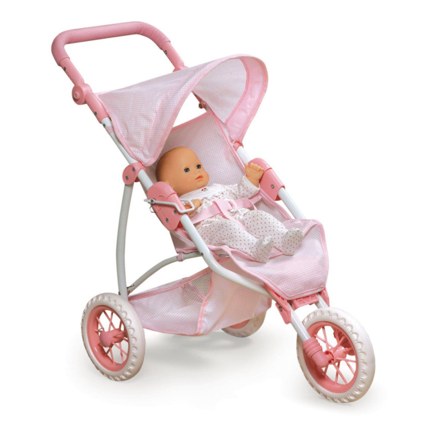 Badger Basket Folding Three Wheel Doll Jogging Stroller – Pink/Gingham