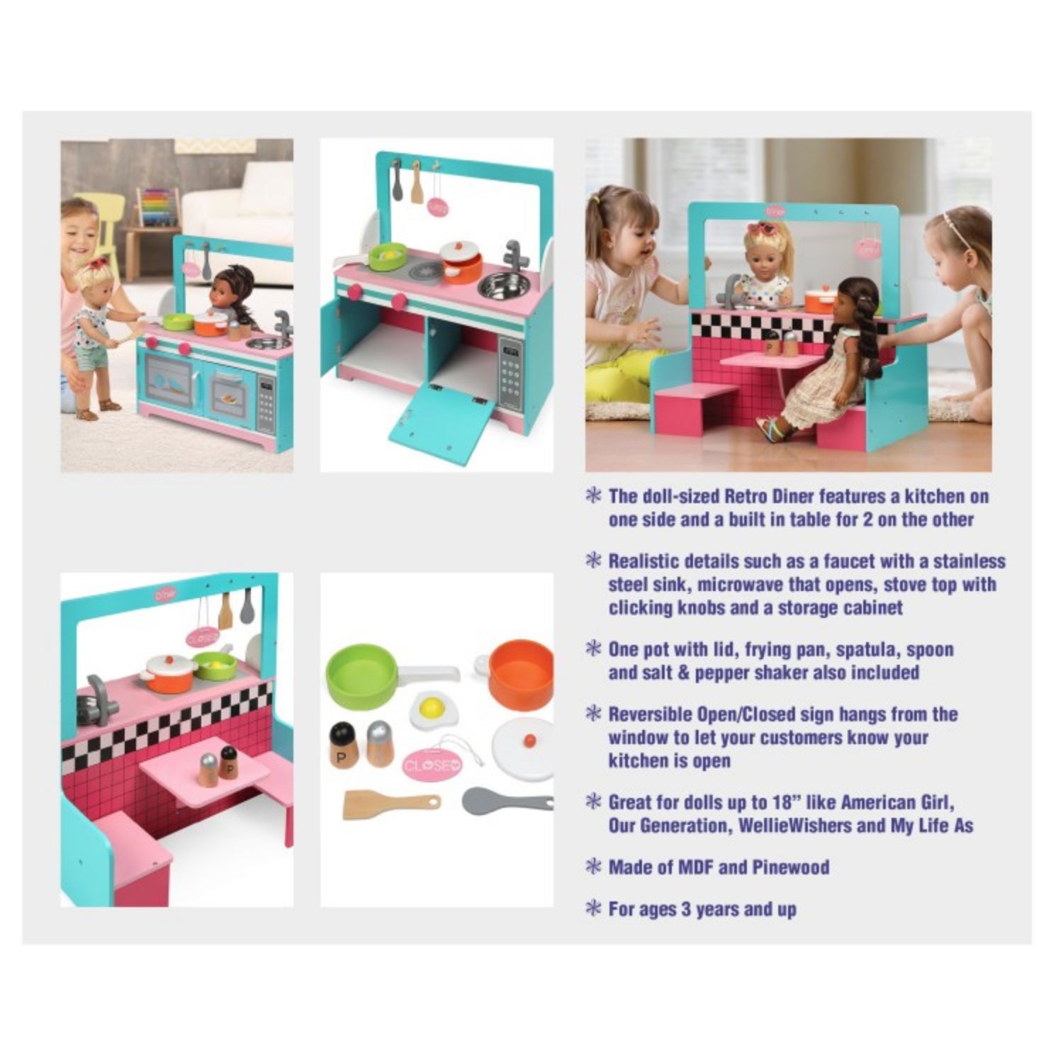 Badger Basket Retro Diner and Kitchen Doll Playset with Accessories