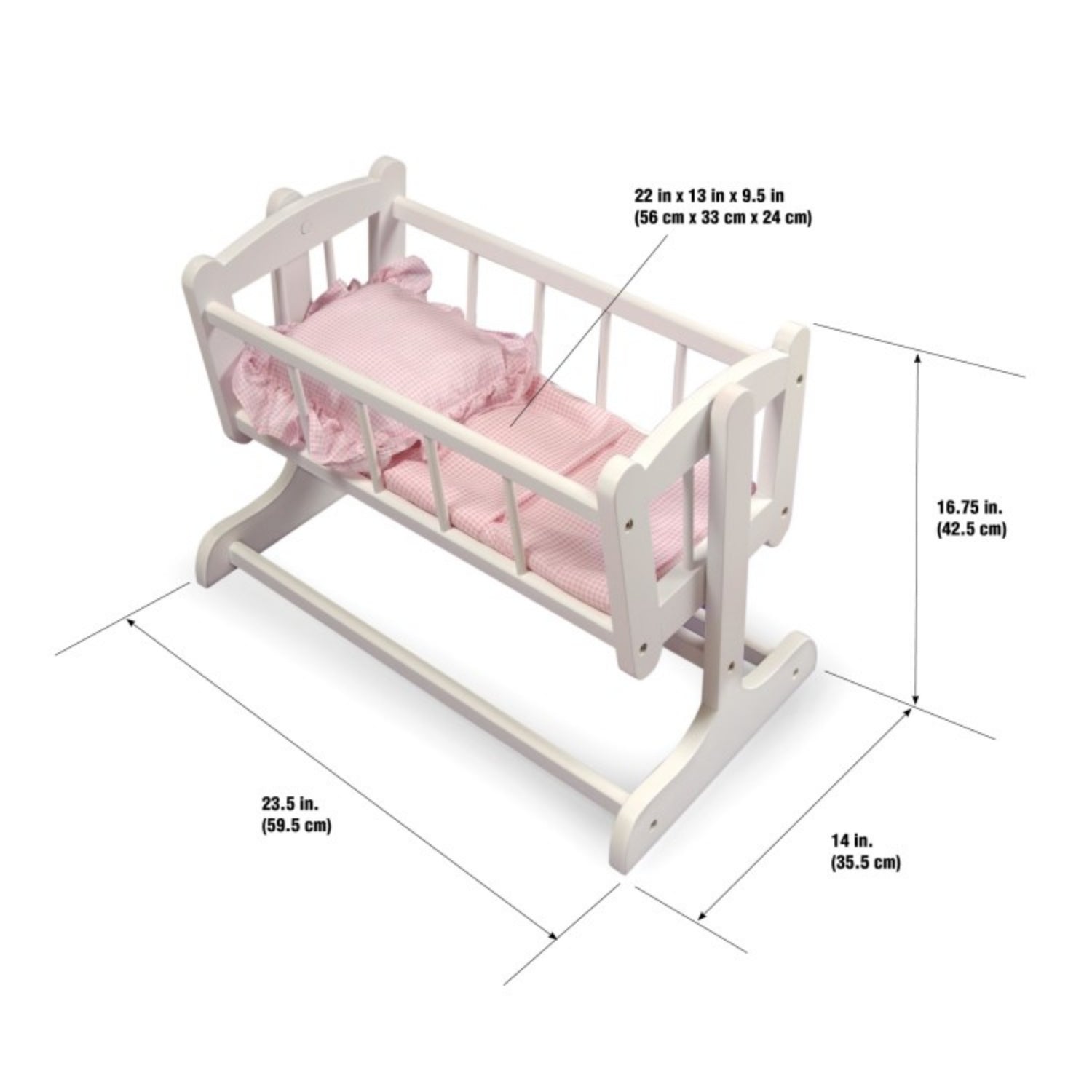 Badger Basket Heirloom Style Doll Cradle with Bedding – White/Pink