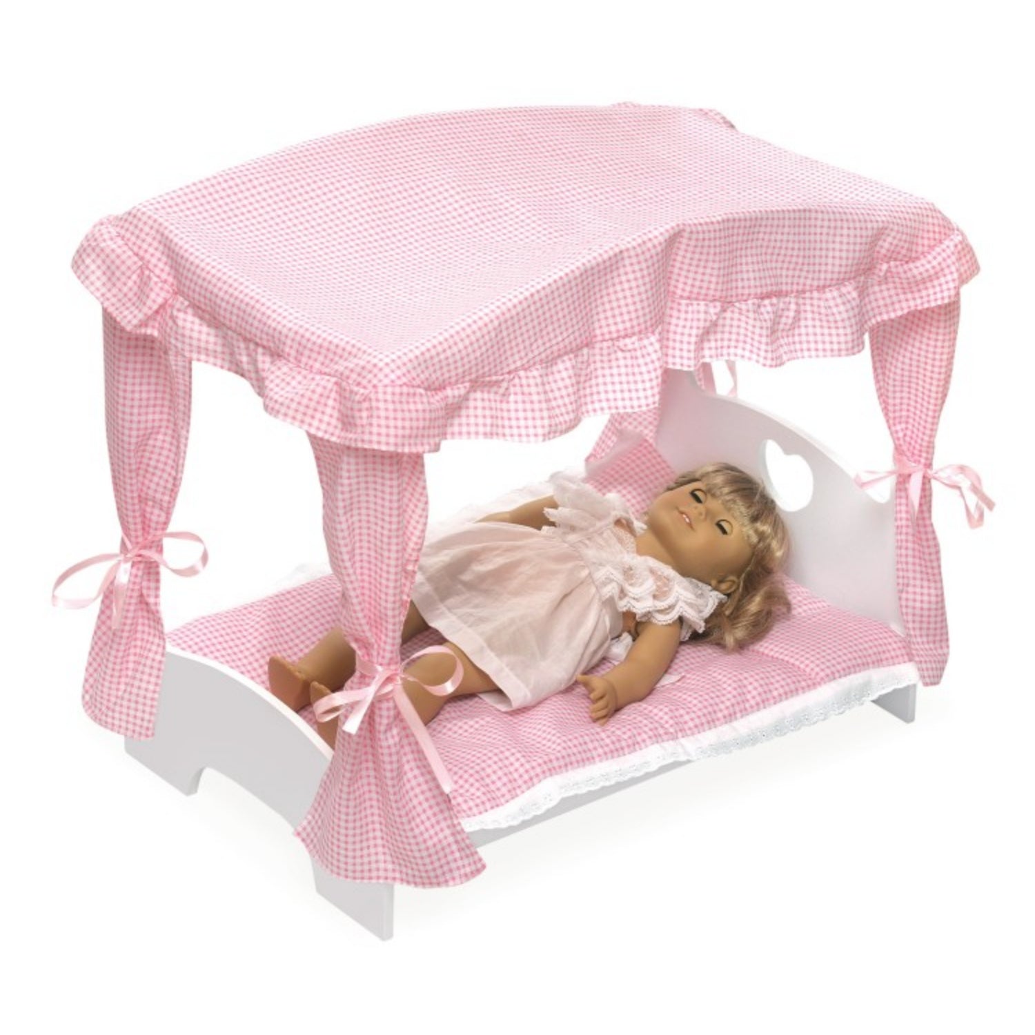 Badger Basket Canopy Doll Bed with Bedding – White/Pink