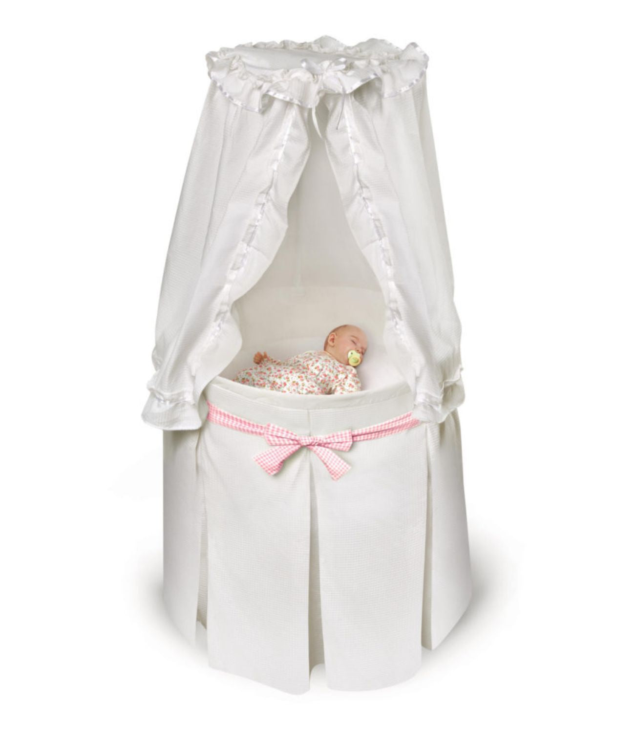 Badger Basket Empress Round Baby Bassinet with Canopy – White Bedding with Gingham Belts