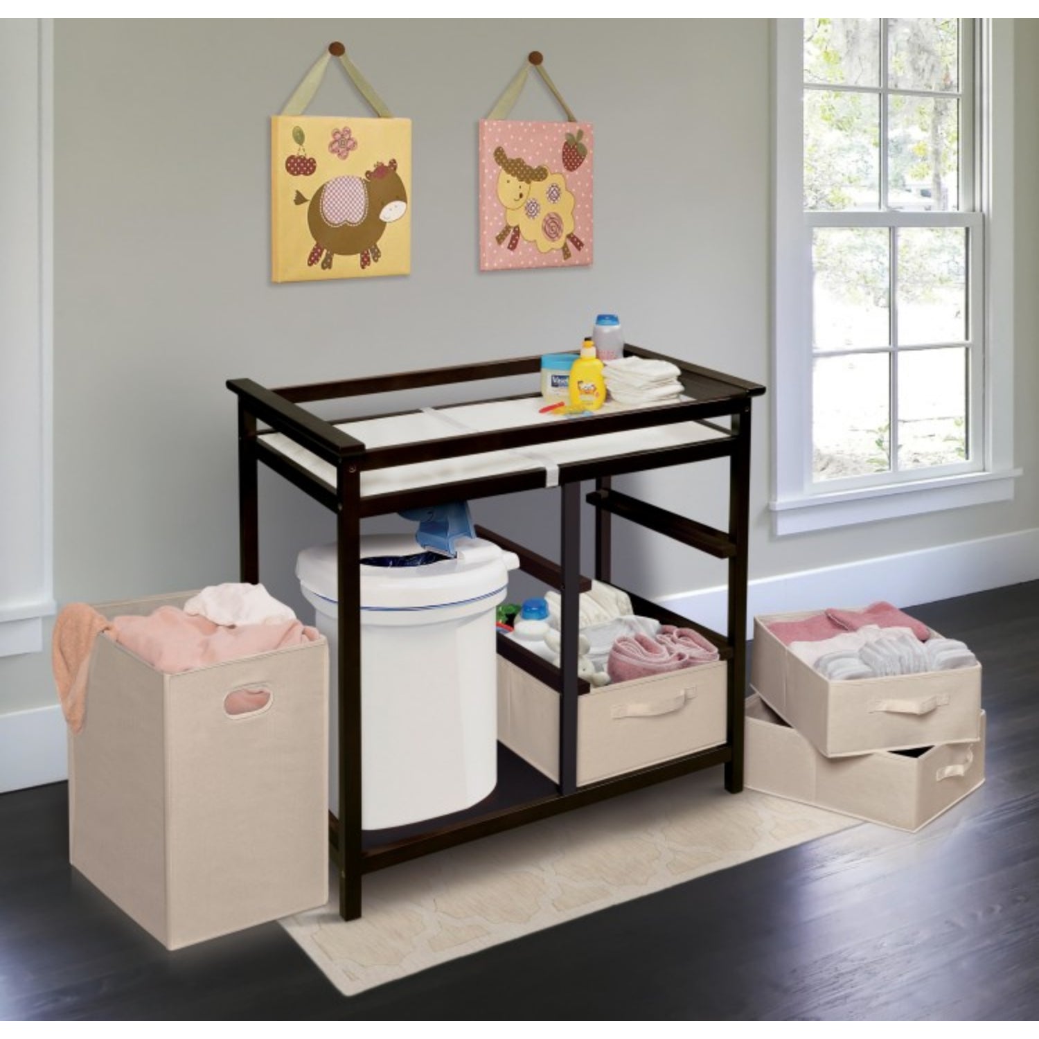 Badger Basket Modern Baby Changing Table with Hamper and 3 Baskets – Espresso