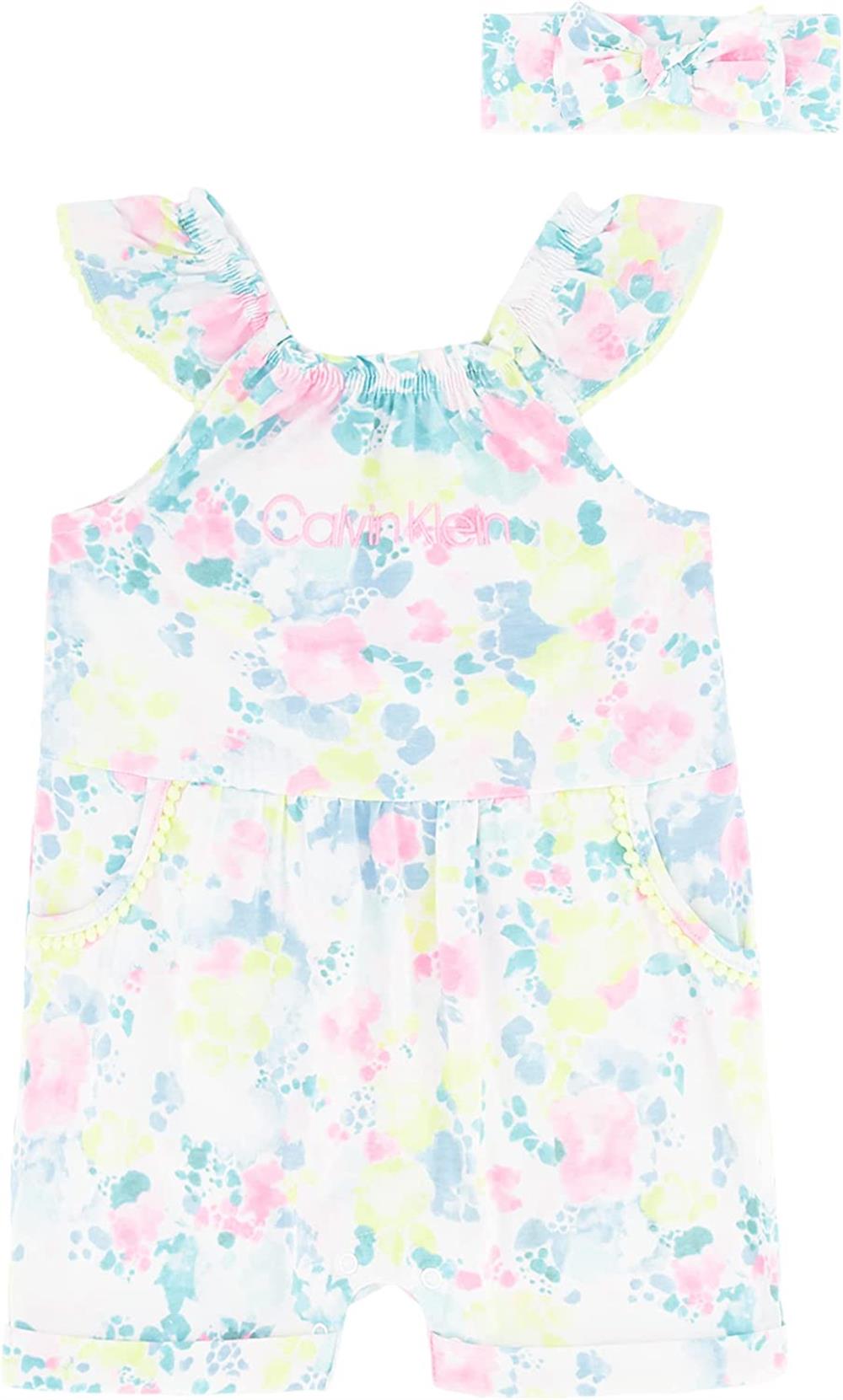 Calvin Klein Girls 0-9 Months Floral Romper with Matching Headband