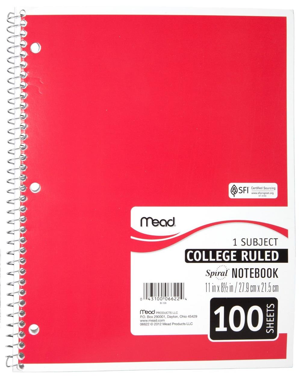 Mead 1 Subject College Ruled Spiral Notebook