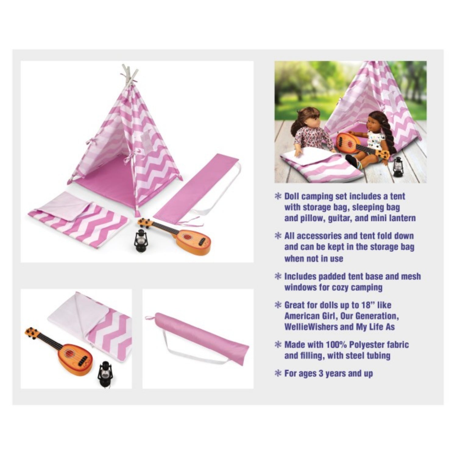 Badger Basket Camping Adventures Doll Tent Set with Accessories – Lavender/White