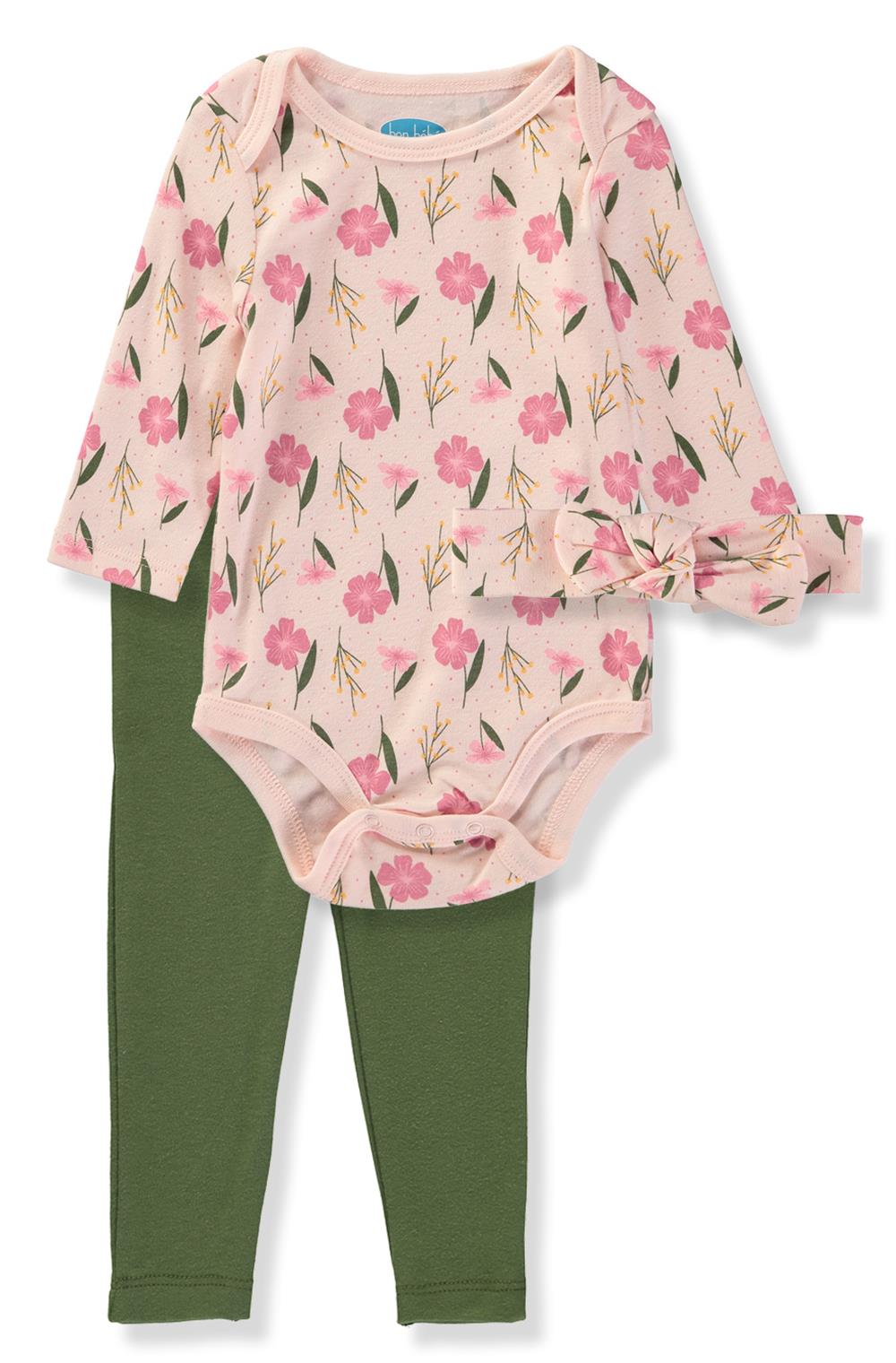 Bon Bebe Girls 0-9 Months Flower Bodysuit Pant Set with Hat